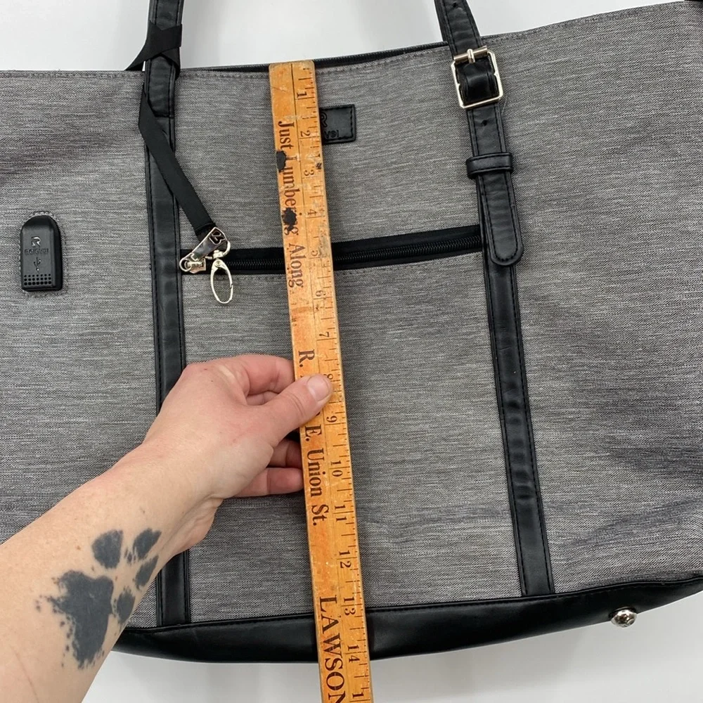 REIAVEL Gray Tote Bag Laptop Grey Canvas Black Leather USB Plug‎ Office Purse